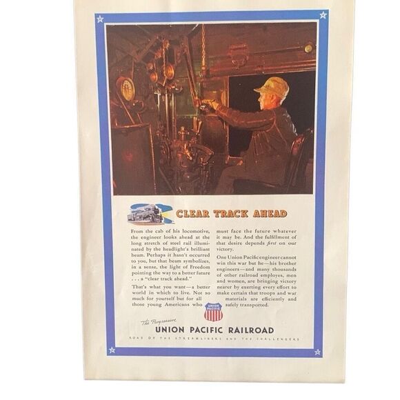 Vintage 1943 Union Pacific Railroad Clear Track Ahead Ad Advertisement - Picture 1 of 5